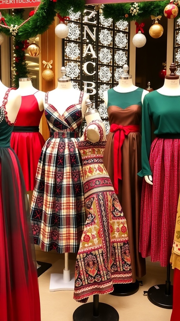 A variety of Christmas dresses in red, green, and sparkly styles displayed with festive decorations.